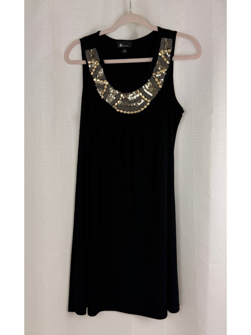 AB Studio Women Large Sleeveless Shift Dress Black Gold Sequin Embellished Scoop